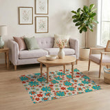 Vibrant Teal Red Floral Pattern Area Rug