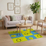 Cheerful Yellow Blue Smiley Faces Kids Area Rug