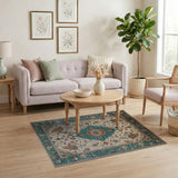 Teal Border Ivory Persian Medallion Rug