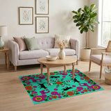 Teal Black Cat Skull Floral Area Rug