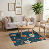 ODIKA Washable Floral Area Rug - Non-Slip Low Pile Teal & Orange Artistic Carpet