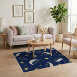 Whimsical Navy Cats UFOs Moons Stars Area Rug