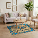 Ornate Blue Floral Border Beige Area Rug