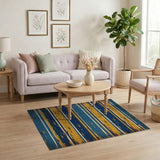 Distressed Vintage Blue Yellow Striped Area Rug