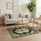 ODIKA Washable Black & Gold Ornate Traditional Area Rug, Low Pile Non-Slip