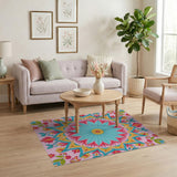 Vibrant Teal Mandala Floral Area Rug