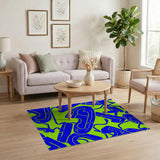 Vibrant Blue Abstract Curves on Green Area Rug