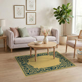 Ornate Teal Floral Frame Beige Area Rug