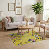 Vintage Yellow Floral Rug with Pink Blossoms