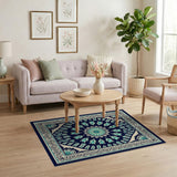 Teal Mandala Persian Area Rug in Navy