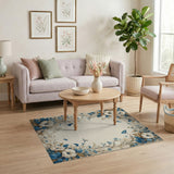 Vintage Blue Gardenia Butterfly Floral Border Rug