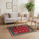 Festive Red Snowflake Area Rug with Green Border