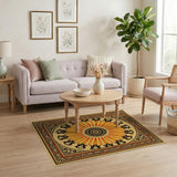 Orange Sunburst Geometric Area Rug with Ornate Border