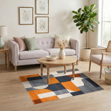 Grey Geometric Modern Area Rug with Orange Accents