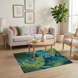 Washable Tropical Palm Leaf Area Rug - Blue & Green Low Pile