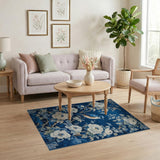 Navy Blue Peony and Bluebird Oriental Area Rug