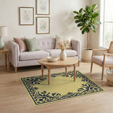 Beige and Neutral Ornate Navy Floral Border Beige Area Rug