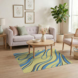 Fluid Blue Swirls on Yellow Abstract Area Rug