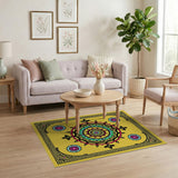 Vibrant Yellow Mandala Area Rug with Multi-Color Patterns