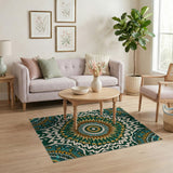 Teal Mandala Boho Area Rug with Orange Accents