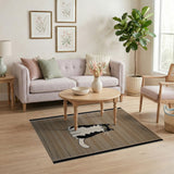 Adorable Black White Cat on Beige Striped Rug