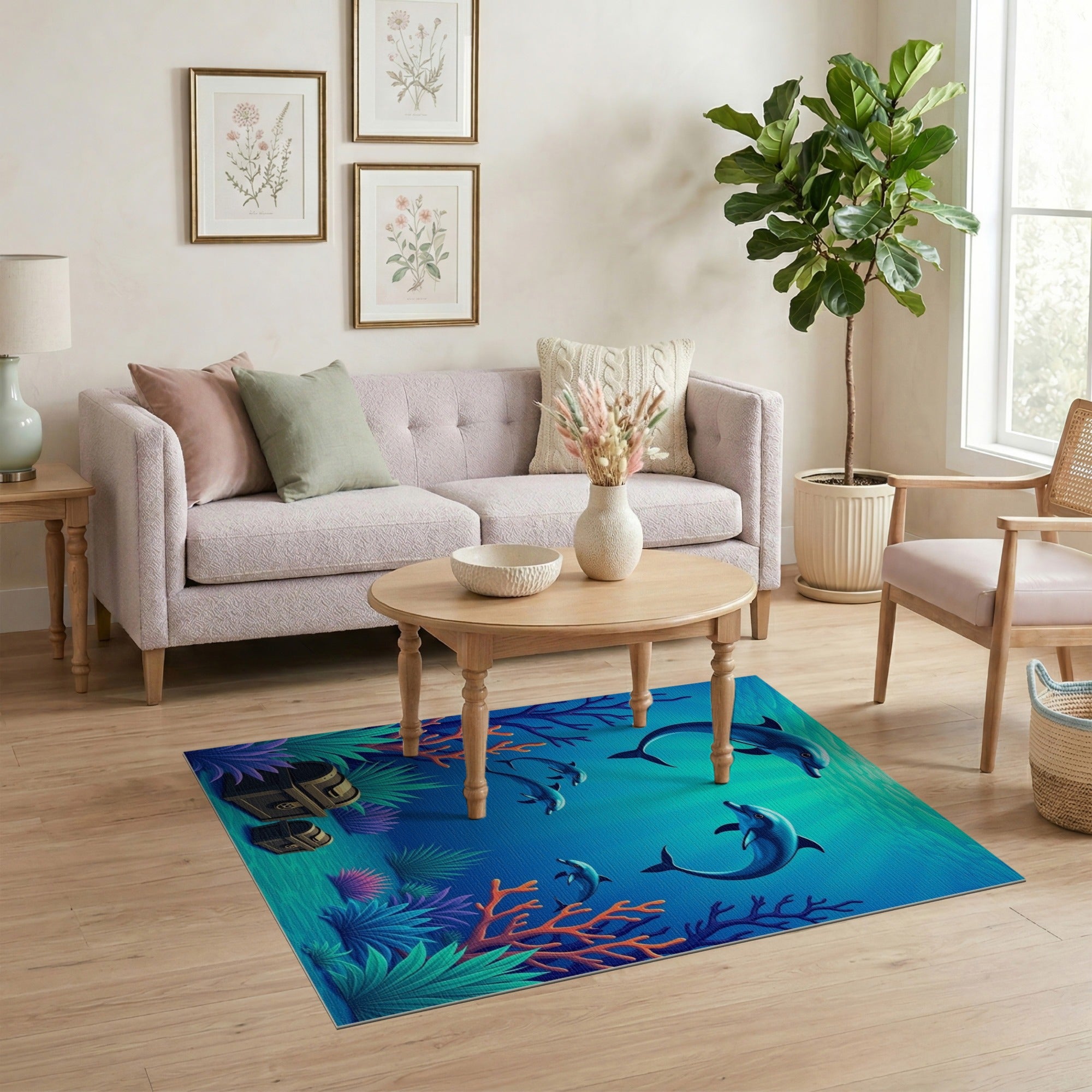ODIKA Cartoon Dolphins Ocean Rug - Blue & Teal