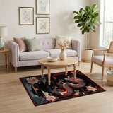 Washable Black Oriental Dragon & Peony Low Pile Area Rug