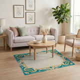 Ornate Teal Lotus Border Area Rug