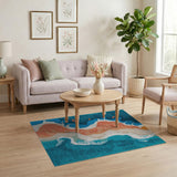 Teal Ocean Waves Sandy Beach Fish Area Rug