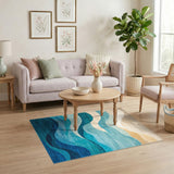 Coastal Beach Blue and Teal Blue Teal Wave Coastal Area Rug