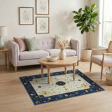 Navy Blue Gold Geometric Circuit Area Rug