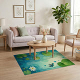 ODIKA Watercolor Lily Pad and Blue Frog Washable Area Rug - Low Pile Non-Slip