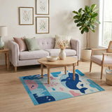 Kids Cartoon Blue and Teal Playful Whale Ocean Kids Area Rug