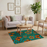 Orange Monarch Butterfly Flower Teal Area Rug