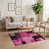 Vibrant Pink Black Geometric Patchwork Rug