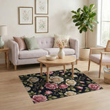 Vintage Pink Ivory Rose Floral Area Rug on Black