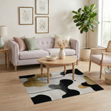Washable Modern Abstract Area Rug - Black & Gold Low Pile