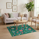 Vibrant Pink Florals on Teal Area Rug