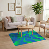 Teal and Lime Green Abstract Wave Area Rug