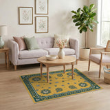 Yellow Teal Floral Medallion Vintage Area Rug