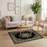 Gold and Silver Ornate Gold Medallion Black Area Rug