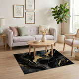Black & Gold Abstract Marble Washable Area Rug - Low Pile & Non-Slip