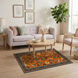Vibrant Orange Persian Area Rug with Blue Motifs