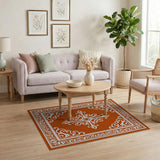 Ornate Terracotta Rug with White Baroque Cross Motif