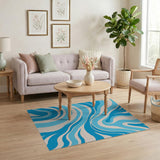 Abstract Area Blue and Teal Wavy Blue Abstract Area Rug