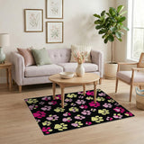 Playful Pink Yellow Paw Prints Black Area Rug