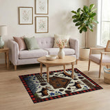 ODIKA Rustic Lodge Moose & Cabin Washable Area Rug, Low Pile Non-Slip Buffalo Plaid Border Rug