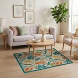 Multi-Color Leaf Boho Area Rug with Teal Border