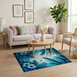 Teal Palm Fronds Hibiscus Coastal Area Rug