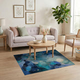Washable Abstract Blue & Gold Celestial Fluid Area Rug